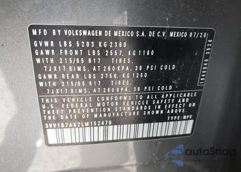 2020 Volkswagen Tiguan 2.0T S from USA, damaged, VIN 3VV1B7AX2LM152478